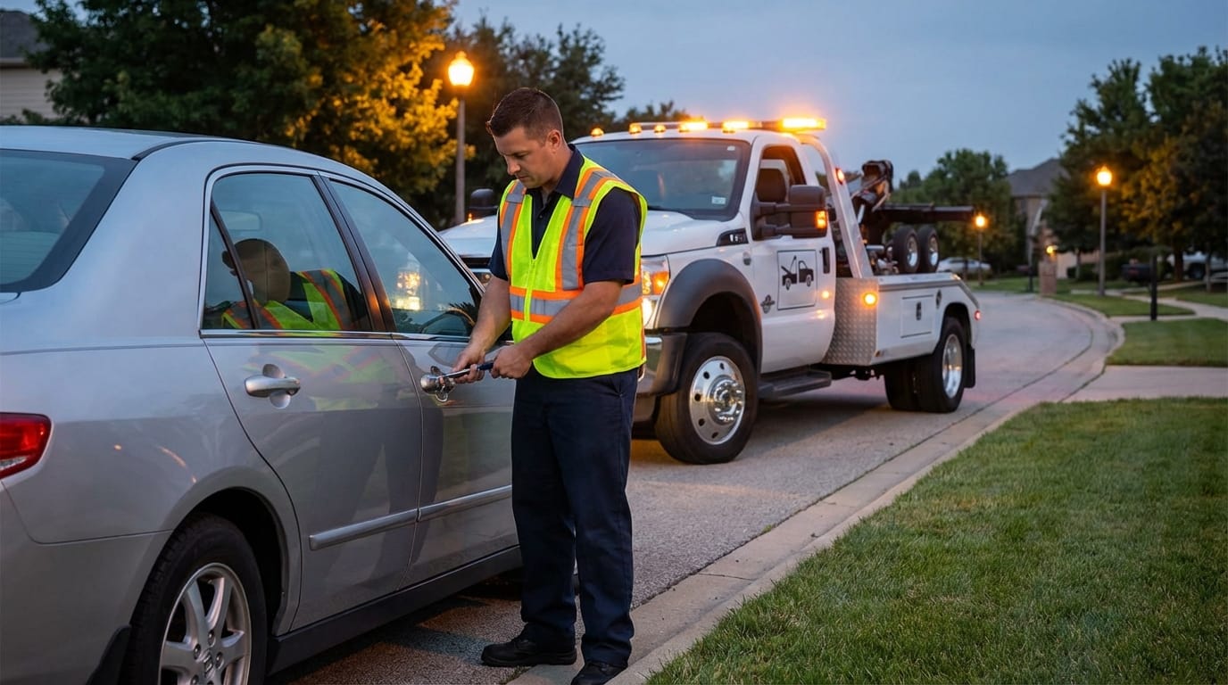 Professional technician safely unlocking a car door during an emergency car lockout service.